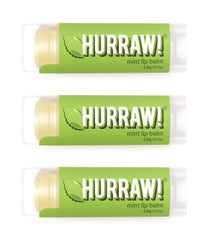 Hurraw! triple pack baume lèvres menthe dans emballage blanc, hydratation durable.