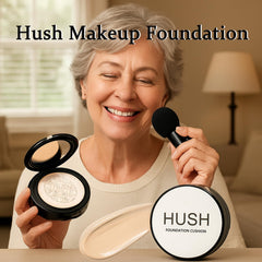 Teinte chaude du fond de teint Hush Makeup avec pouf champignon.