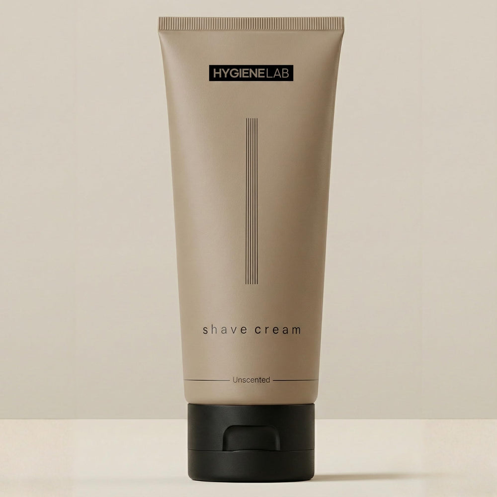 HygieneLab Crème de rasage sans parfum, idéale pour peau sensible.