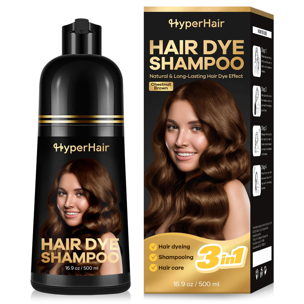 HyperHair shampooing châtaigne brun : bouteille pratique pour une application facile.