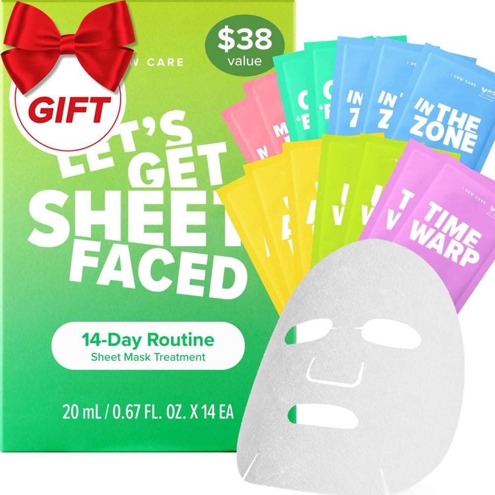 I DEW CARE collagen sheet mask variety pack box showing 14 masks for daily hydration