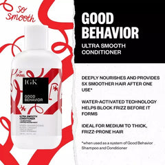IGK GOOD BEHAVIOR barrière anti-frizz, image montre l'effet lisse dès l'application.