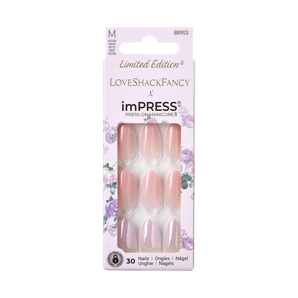 ImPRESS LoveShackFancy design d ongles Blush Lavande, look romantique et tenue longue