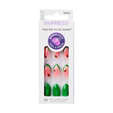 Ongles adhésifs ImPRESS, motif pastèque à pointe verte, port quotidien sans effort.