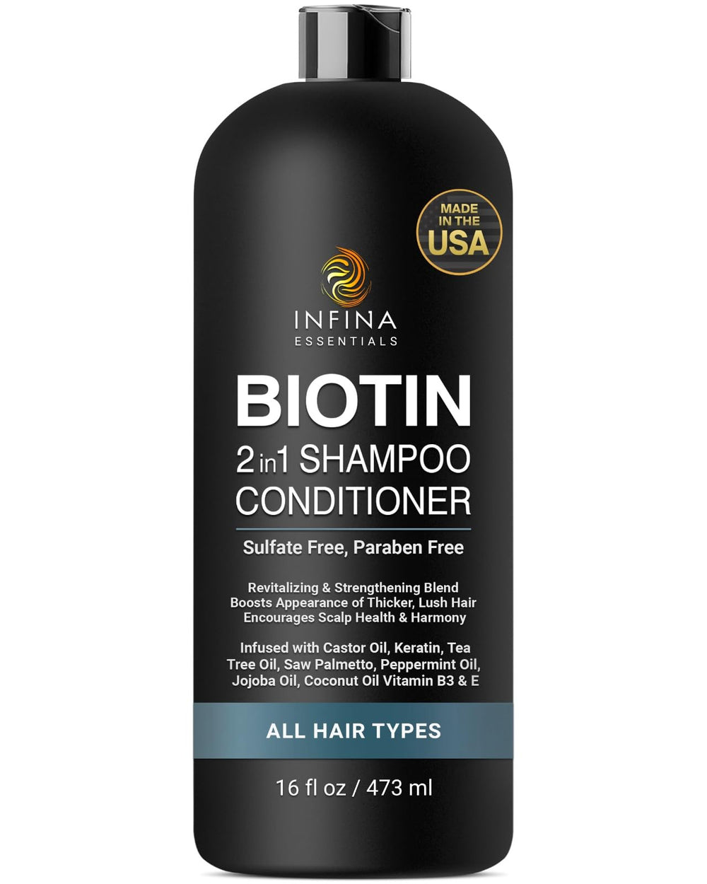 INFINA ESSENTIALS Biotine 2-en-1: bouteille du shampoing pour cheveux plus épais.