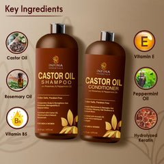 INFINA ESSENTIALS après-shampooing ricin en flacon, cheveux plus forts.