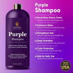 INFINA ESSENTIALS Shampoing violet, application sur cheveux gris, ravive les tons argentés