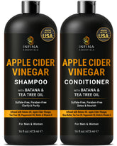 INFINA ESSENTIALS Shampoing ACV clarifiant, bouteille visible apportant clarté du cuir chevelu et brillance naturelle.
