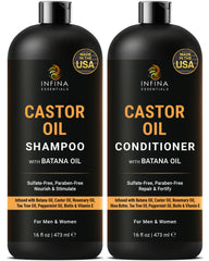 Infina Essentials shampooing castor: bouteille élégante et cheveux plus forts et hydratés.