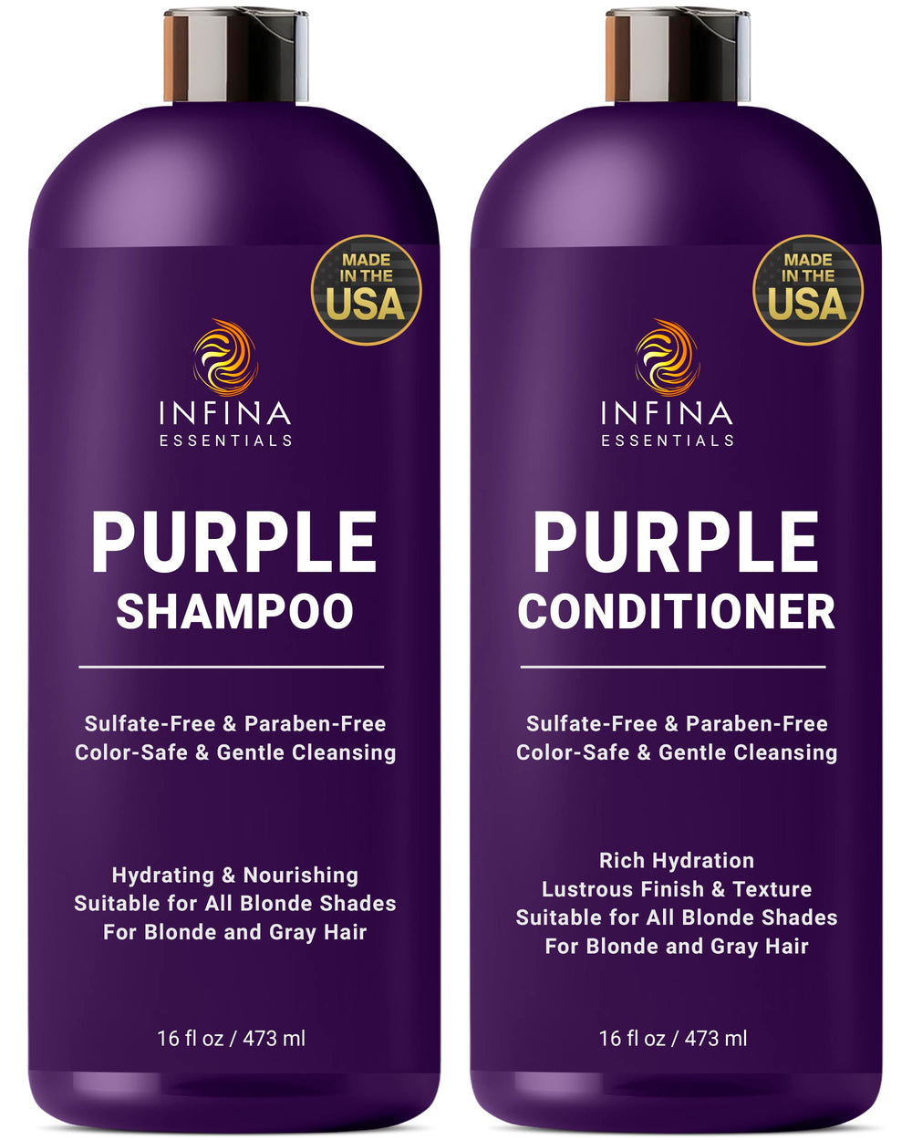 INFINA ESSENTIALS Shampoing Violet, bouteille, neutralise les reflets jaunes sur blond et gris.