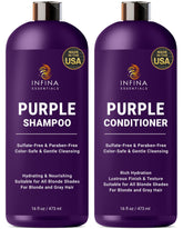 INFINA ESSENTIALS Shampoing Violet, bouteille, neutralise les reflets jaunes sur blond et gris.