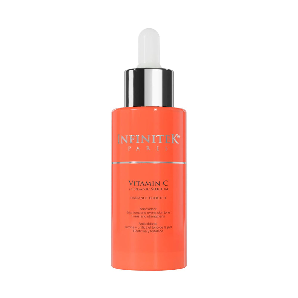 Le sérum vitamine C Infinitek Paris, bouteille visible, promet hydratation et éclat.