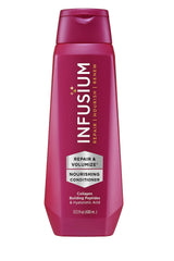 Infusium Repair et Volumize : bouteille élégante prête à l'application pour cheveux plus volumineux.