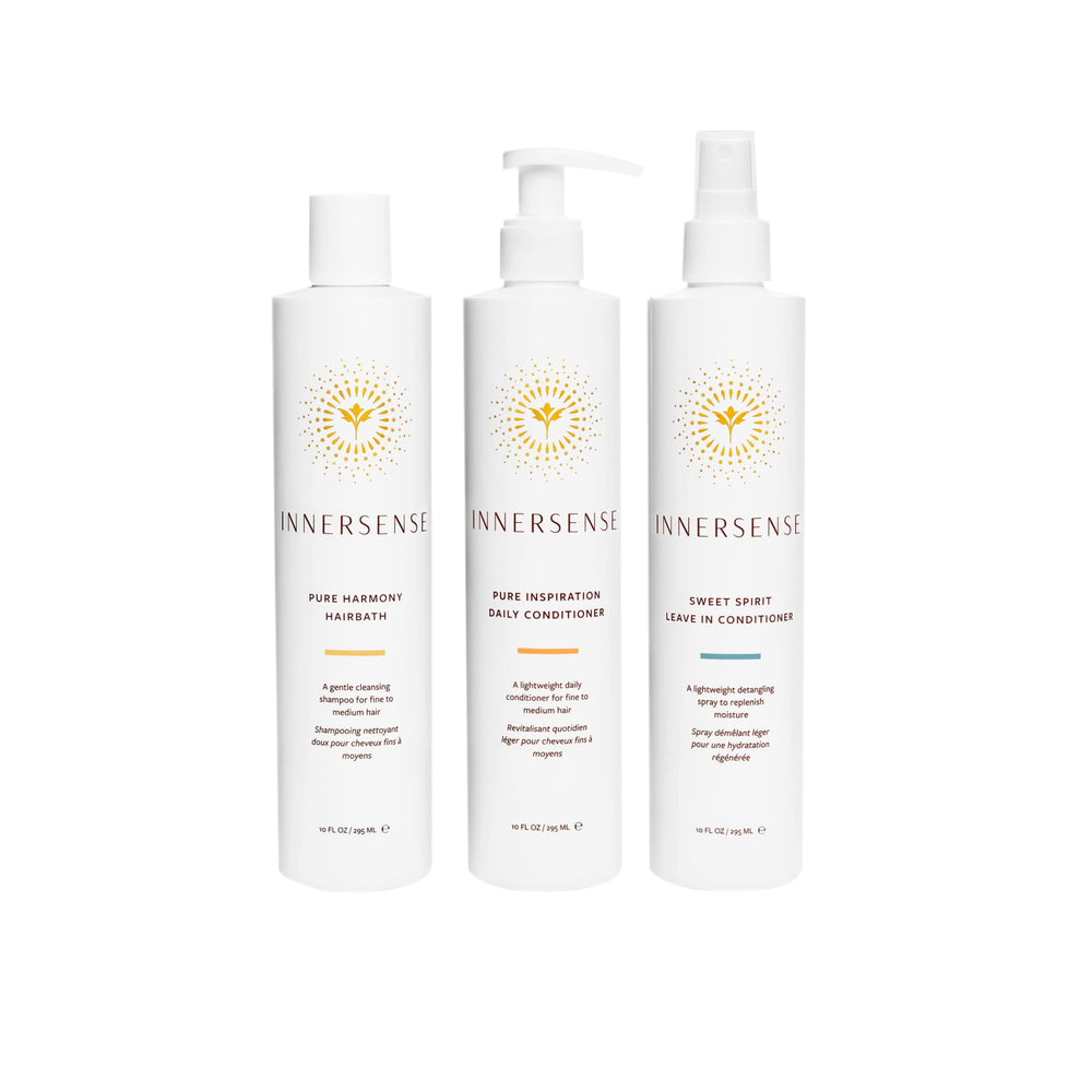 INNERSENSE Pure Harmony Trio: bouteille de shampooing qui favorise cheveux fins et colorés, sans toxines.