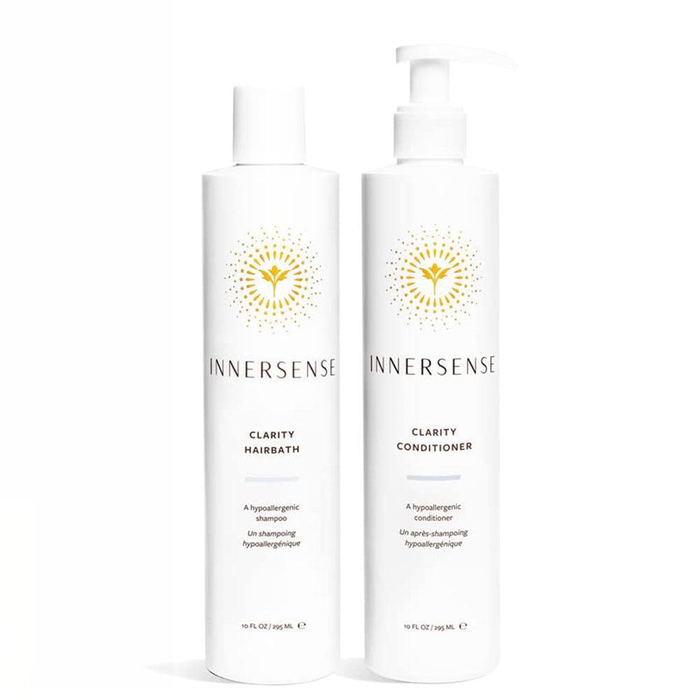 INNERSENSE Shampoing Naturel Clarte Calme: bouteille claire, nettoie en douceur et apaise les sensibilités capillaires.