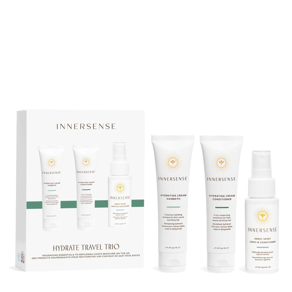 Gamme INNERSENSE Trio hydratant en format voyage pour démêler les cheveux épais.