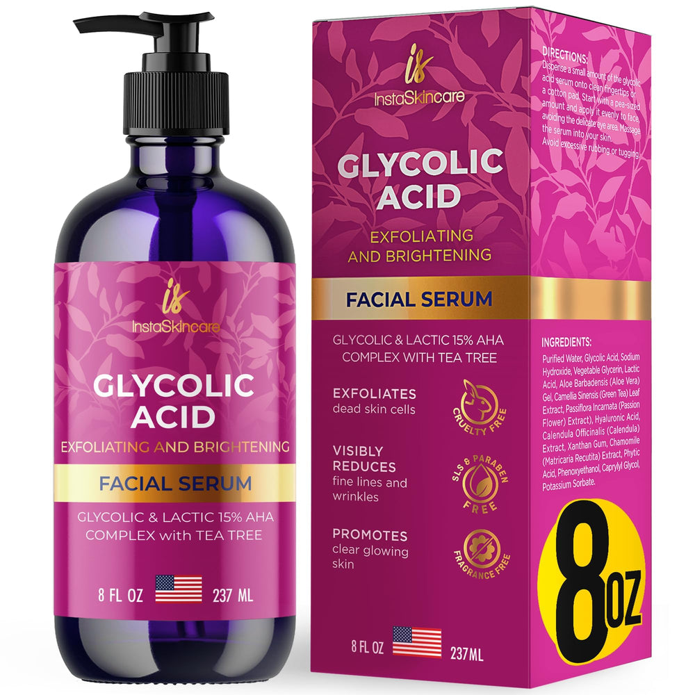 Sérum InstaSkincare Glycolique 15% en bouteille de 8 oz, prêt pour une peau lumineuse.