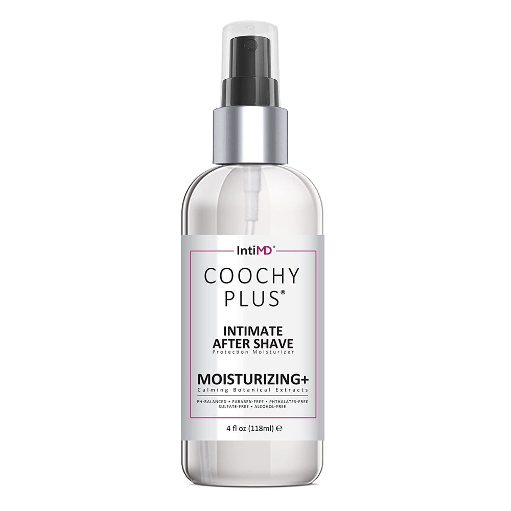IntiMD COOCHY bottle foreground shows a smooth antioxidant formula for daily intimate care.