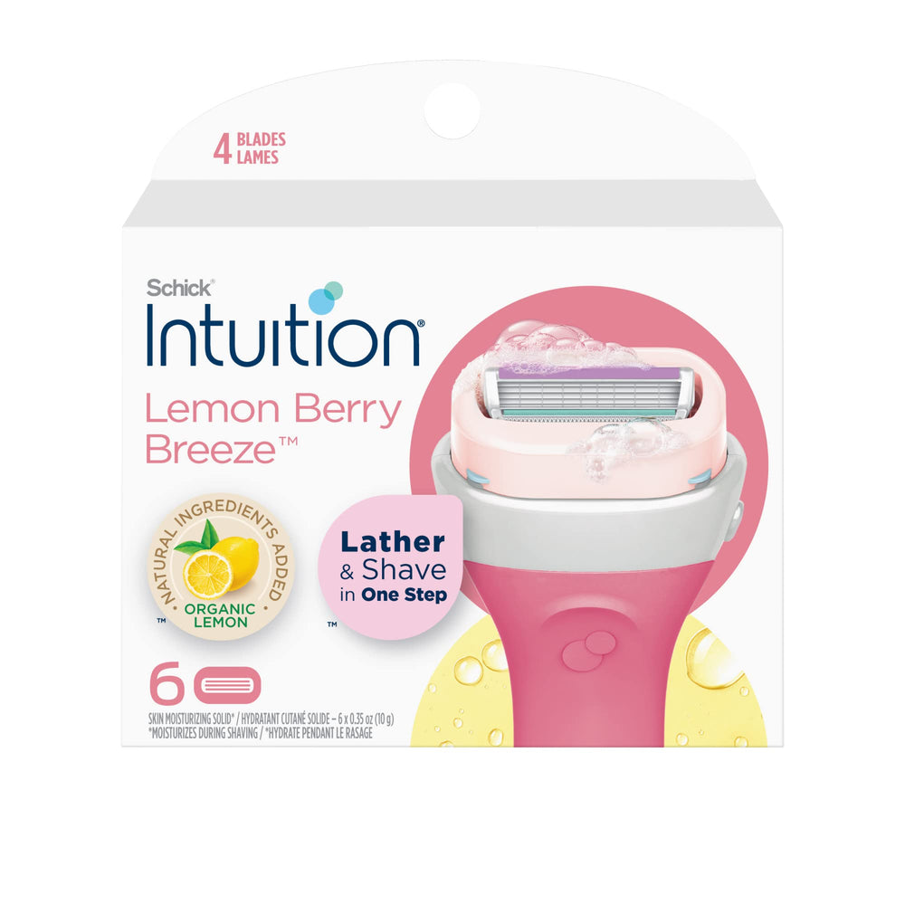 Cartouches INTUITION citron-framboise pour un rasage sans gel et hydratation intégrée.