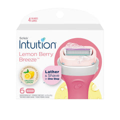 Cartouches INTUITION citron-framboise pour un rasage sans gel et hydratation intégrée.