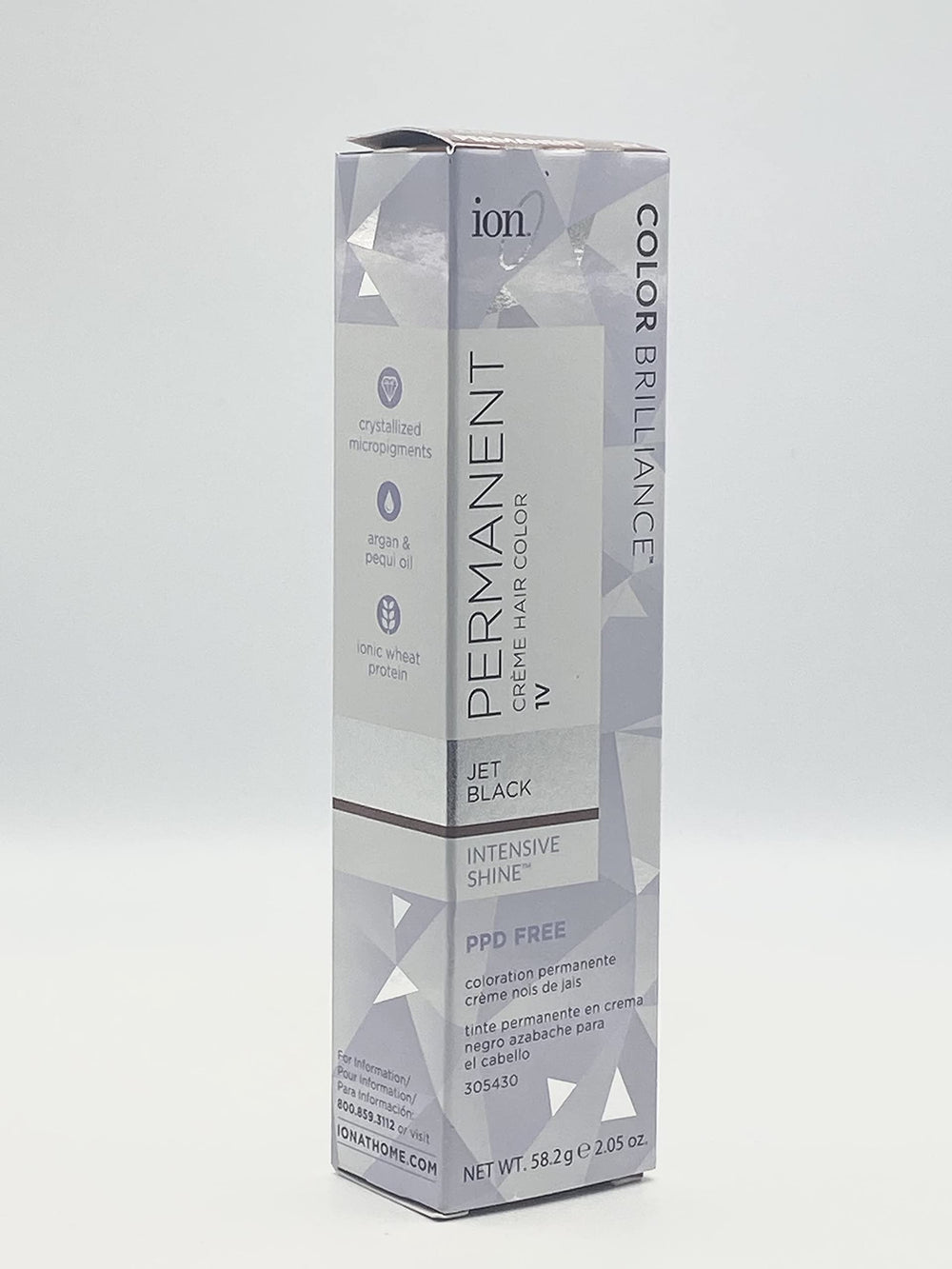 Ion Coloration Permanente Crème 1V Noir jais, couverture grise à 100% et couleur durable.