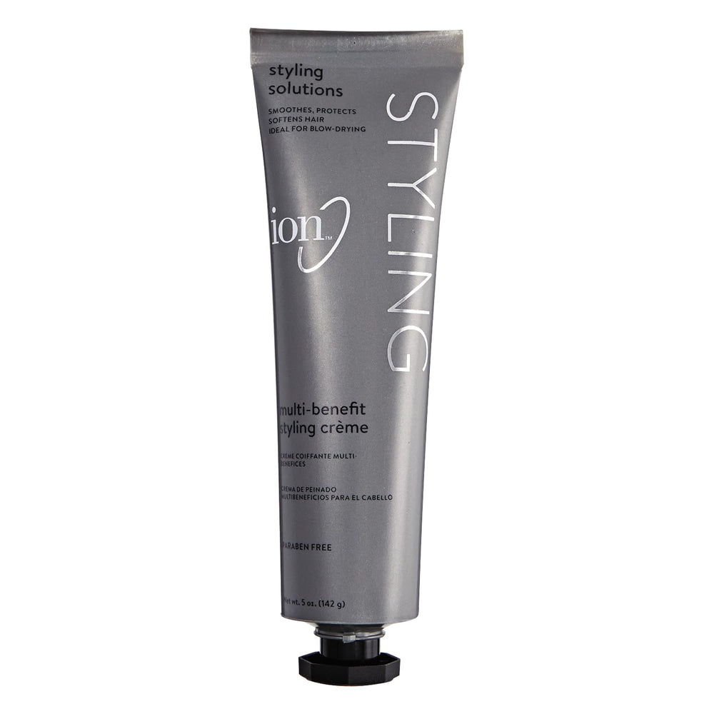 Ion Crème de coiffage multi-avantages, usage quotidien pour cheveux lisses et hydratés.