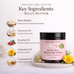 Irene Organics Belly Butter: ingredients-bio, riche en vitamines et acides gras essentiels.