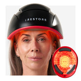 iRestore Elite porté sur le crâne, vue frontale, potentiel de croissance capillaire.