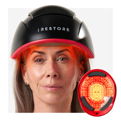 iRestore Elite porté sur le crâne, vue frontale, potentiel de croissance capillaire.