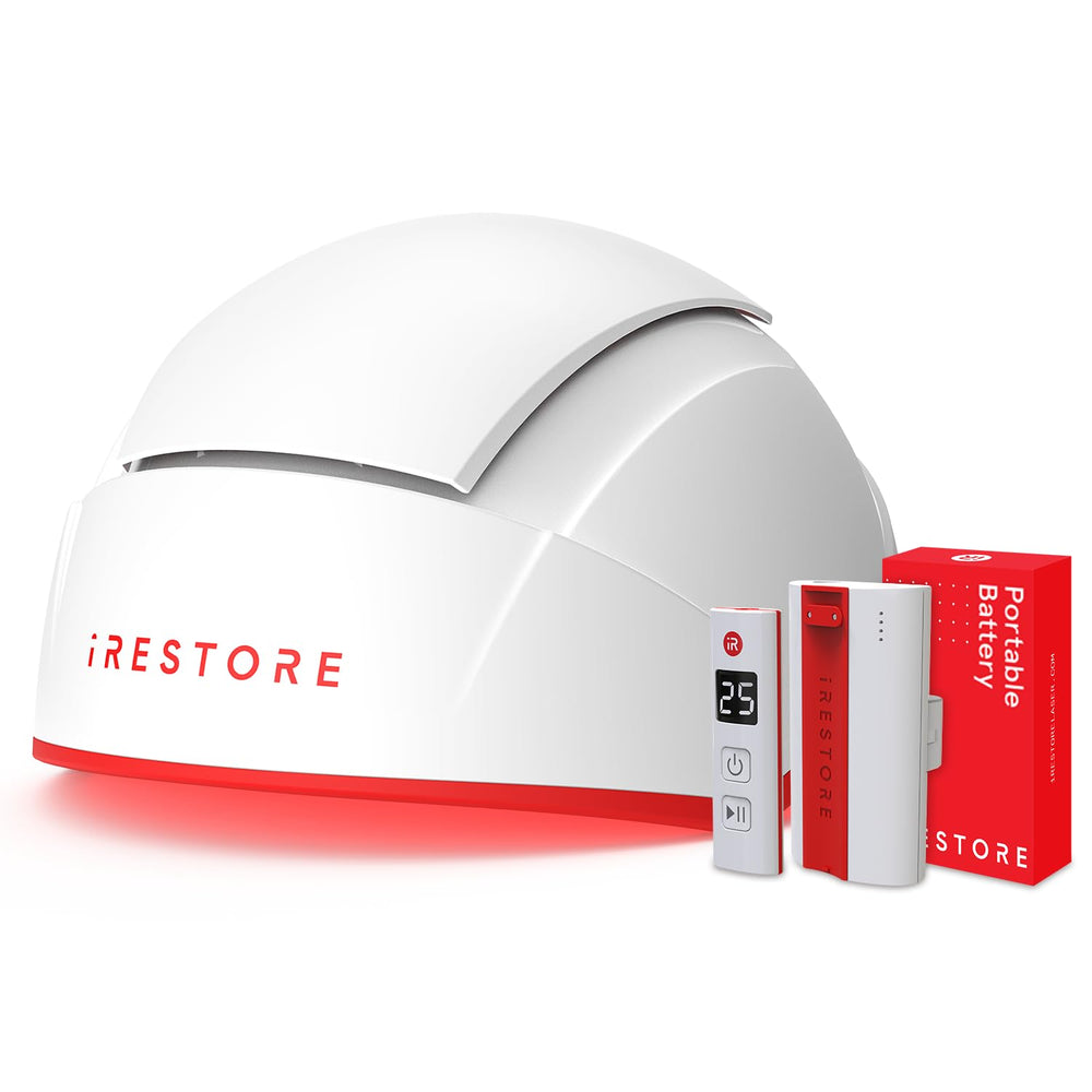 Casque iRestore Professionnel couvrant largement le cuir chevelu pour des sessions mains libres.