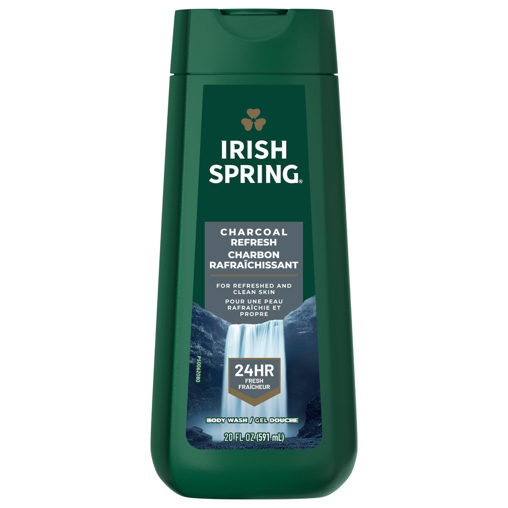 Irish Spring Charcoal Refresh — quatre bouteilles ensemble pour une fraîcheur durable tout au long de la journée.