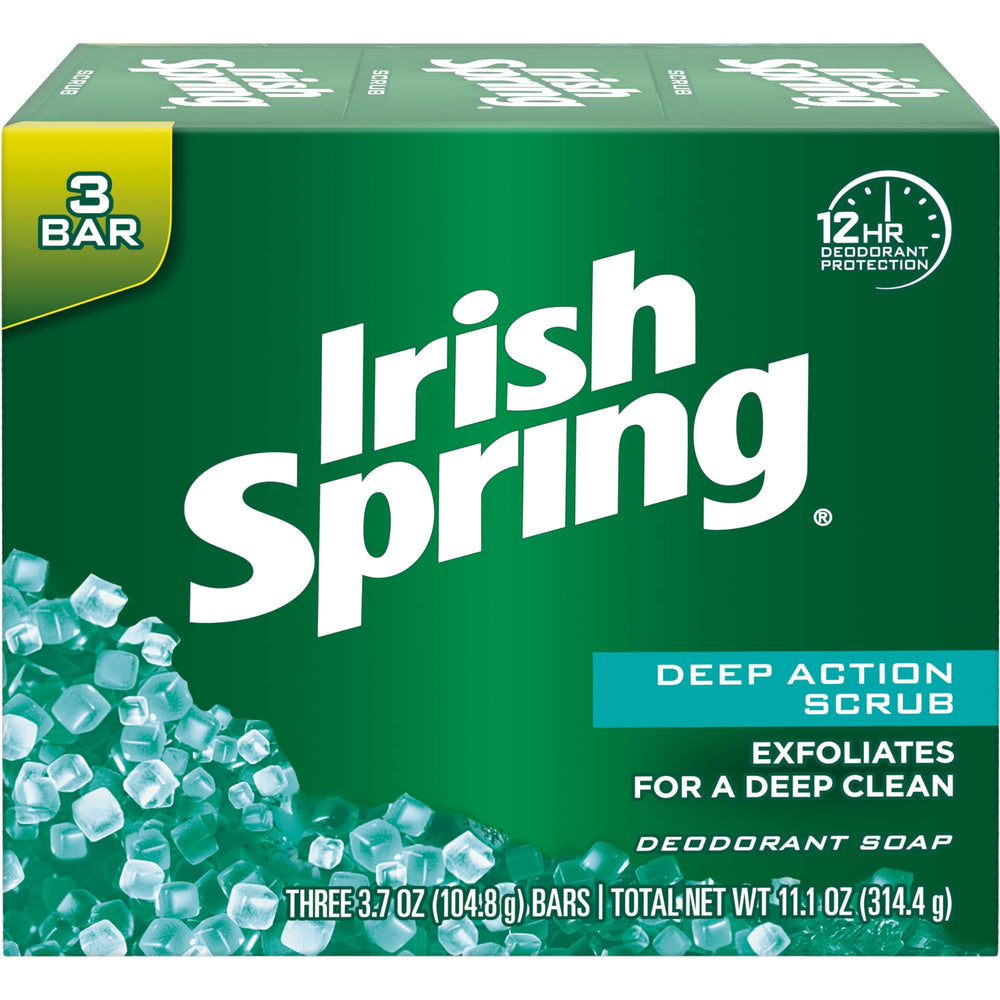 Savon Irish Spring avec gommage profond, pour une peau rafraîchie et prête à affronter la journée.