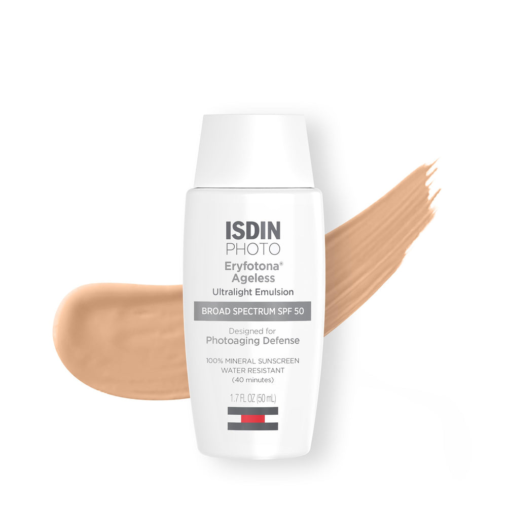 ISDIN Eryfotona Ageless Teint Minéral visage SPF50, protection légère et teint uniforme.