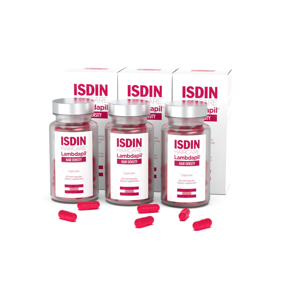 ISDIN Lambdapil: bouteille de gélules, densité capillaire potentielle pour cheveux clairsemés