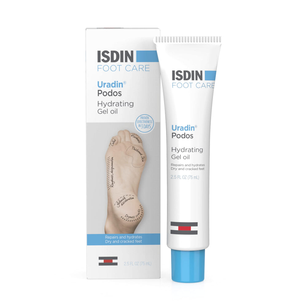 Flacon ISDIN Uradin Podos Gel-Huile pour hydrater les pieds secs.