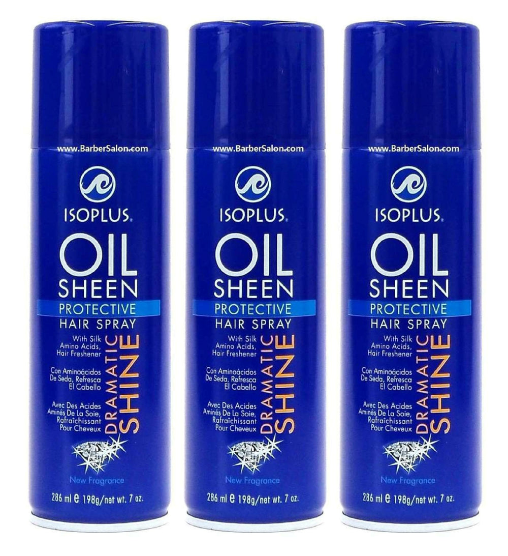 Isoplus Oil Sheen Hairspray bottle showing shine and flexible hold.