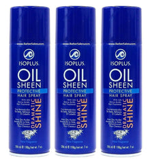 Isoplus Oil Sheen Hairspray bottle showing shine and flexible hold.