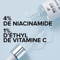 Ingrédients clés niacinamide et vitamine C pour l’efficacité ciblée.