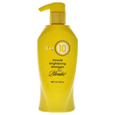 It's a 10 Haircare Miracle Brightening Shampoo bottle brightens blonde highlights with lightweight shine.