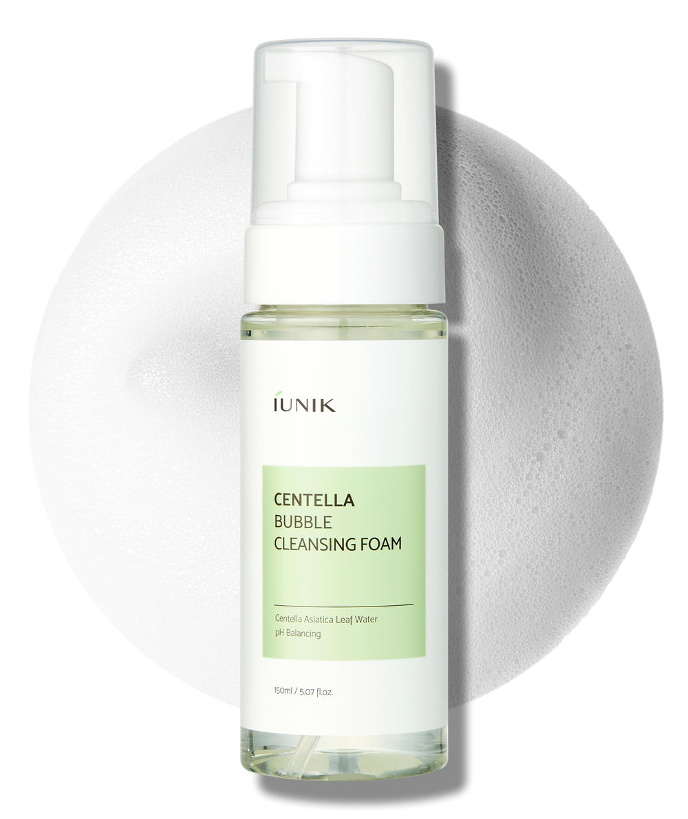 IUNIK Centella Bubble bouteille – nettoyage en douceur pour une peau hydratée après utilisation.