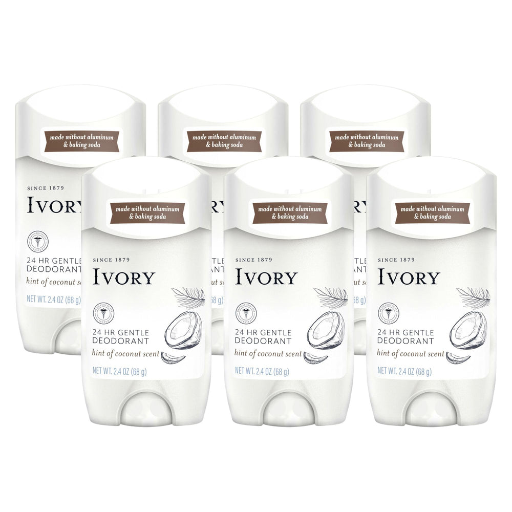 Ivory déodorant sans aluminium avec parfum coco, douceur pour la peau, utilisation quotidienne.