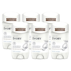 Ivory déodorant sans aluminium avec parfum coco, douceur pour la peau, utilisation quotidienne.