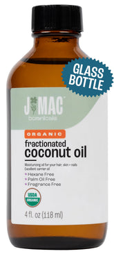 J MAC BOTANICALS huile coco fractionnée – bouteille-verre 4oz, hydratation légère pour peau et cheveux.