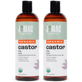 Huile de ricin biologique J Mac Botanicals dans deux flacons, prêt pour usage quotidien.