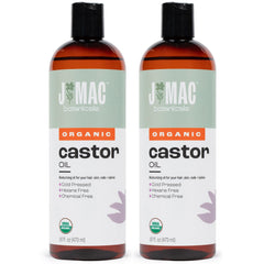 Huile de ricin biologique J Mac Botanicals dans deux flacons, prêt pour usage quotidien.