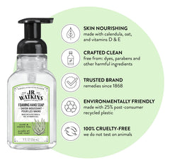 Flacon de savon mains mousse J.R. Watkins, parfum Aloe Thé Vert, utilisation quotidienne.
