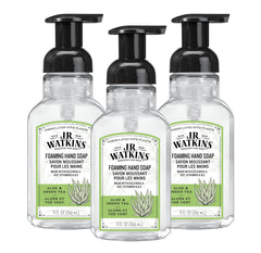 Savon moussant J.R. Watkins avec pompe Aloe et Thé Vert hydrate doucement les mains.