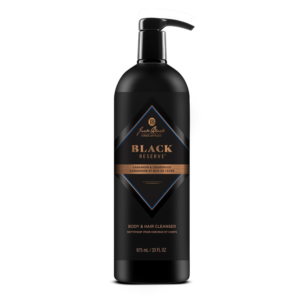 Jack Black Black Reserve: bouteille Cardamome et Cèdre, soin à double usage pour corps et cheveux.