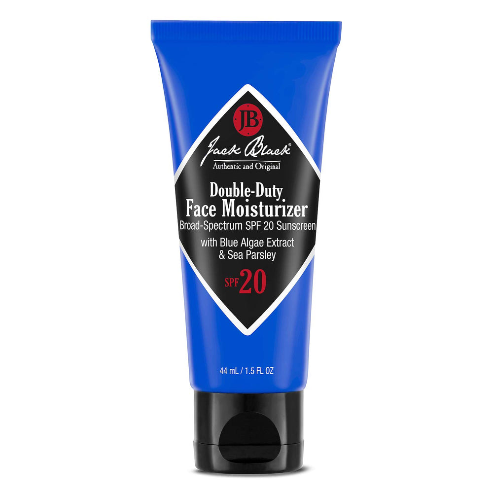 Jack Black Double-Duty: flacon-pompe montrant hydratation et SPF 20