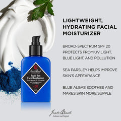 Jack Black Double-Duty Face Moisturizer SPF 20 étiquette visible, soin rapide et protection au quotidien